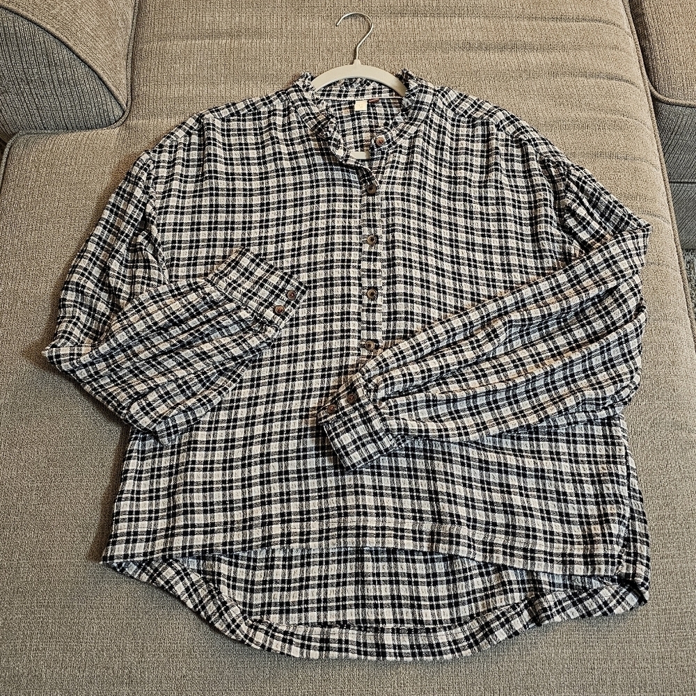Pilcro Black Gray Plaid Oversized Relaxed Casual 3/4 Button Top Size Small
